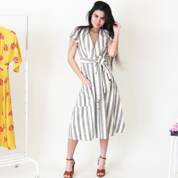 Linen Striped Midi Dress - Picture 1 of 11